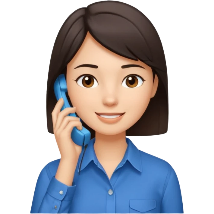 generate a pretty fair bratz girl with dark brown eyes. Dark brown hair straight short hair. tight blue button up shirt with top shirt open.  Talking on the phne emoji