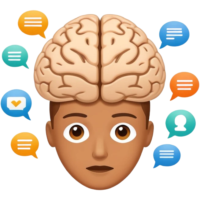 Natural Language Processing, brain with text analysis, speech bubbles with data parsing emoji