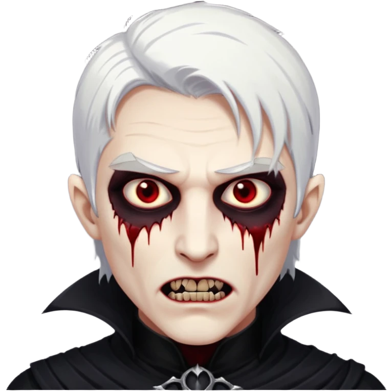Creat a young man Vampire with white skin and white hair and full black vampire clothes and bloody eyes and long fangs and scary dead eyes emoji