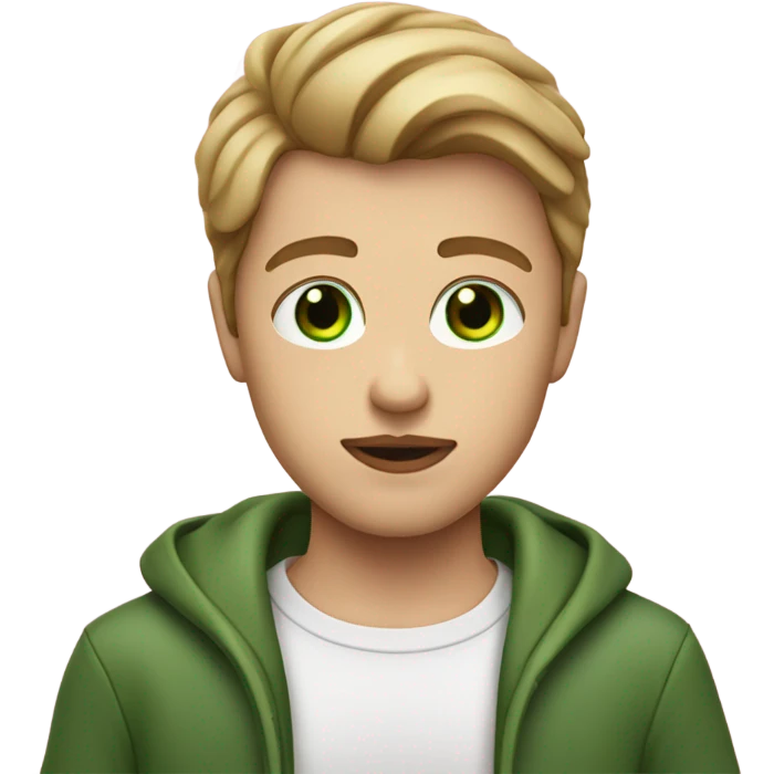 A boy with glossy lips green eyes and medium dark blonde hair with green eyes holding a heart  emoji