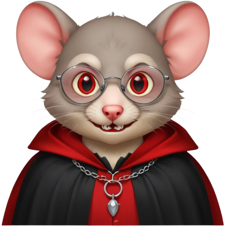 Vampire animal, rat in red collar cloak, red eye, fangs, classes emoji