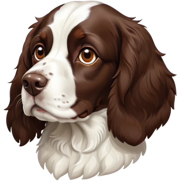 Cinematic Noble Springer Spaniel Portrait Emoji, Poised and regal, with a medium build and a glossy, well-groomed Fur of rich liver and white, deep-set soulful brown eyes, Simplified yet sharp and sophisticated features, highly detailed, glowing with a soft, dignified glow, high shine, intelligent and alert, stylized with an air of grace, focused and attentive, soft glowing outline, capturing the essence of a watchful and confident companion, so majestic it feels as though it could bound out of the screen with effortless authority! emoji