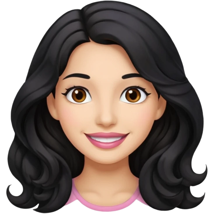 a woman is smile, her hair is long wavy and the color is black, her eyes color are brown and the color of her lip is soft pink emoji