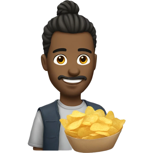 Man with man bun eating chips emoji