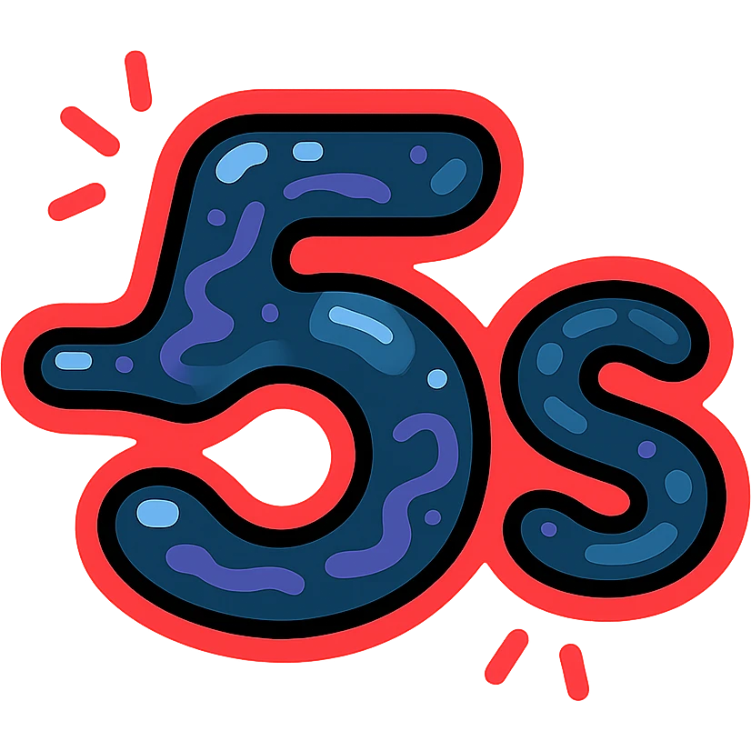 símbolo '-5s' con efecto de metal líquido cósmico oscuro, 's' en subíndice, borde de neón rojo oscuro, efecto animado de brillo y movimiento líquido emoji
