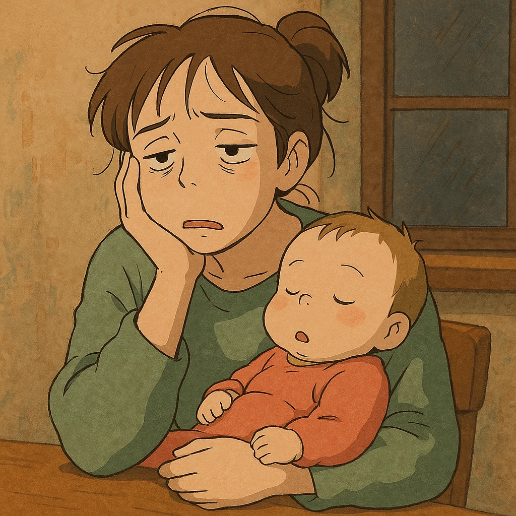 a tired woman holding a baby, relatable, expressive style emoji