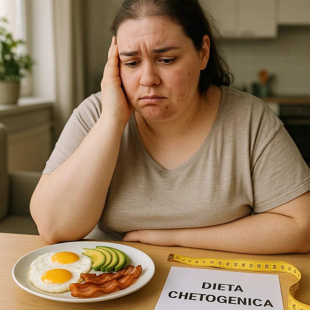 hyperrealistic 4K image of a woman with PCOS wearing loose clothes but with a slightly overweight body, face with acne and chin hair, thin hair. In front of her a ketogenic plate (eggs, avocado, bacon), a clearly visible tailor's measuring tape on the table, a sheet with the text 'DIETA CHETOGENICA', frustrated expression, realistic domestic environment. emoji