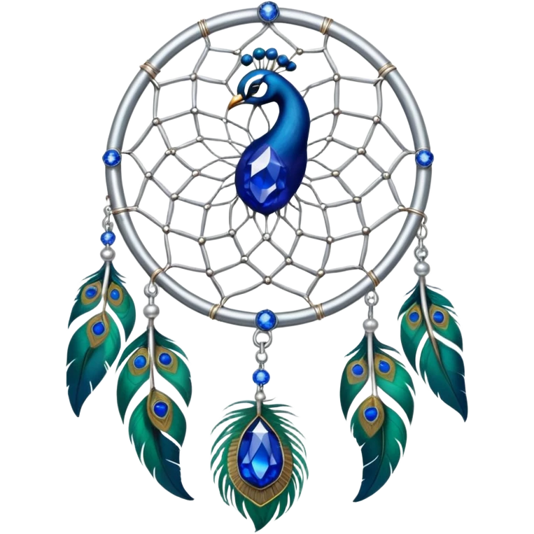 a Silver Dreamcatcher with sapphire-stones and emerald-stones, and with peacock-feathers. Big sapphire gem in the middle. Many tiny emerald gems around it.   emoji