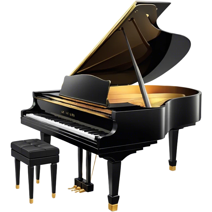 Cinematic Realistic Piano, glossy black grand piano with elegantly curved edges, pristine white and black keys, soft golden light reflecting off its polished surface, faint reflections of a musician’s hands, glowing with refined elegance and musical depth. emoji