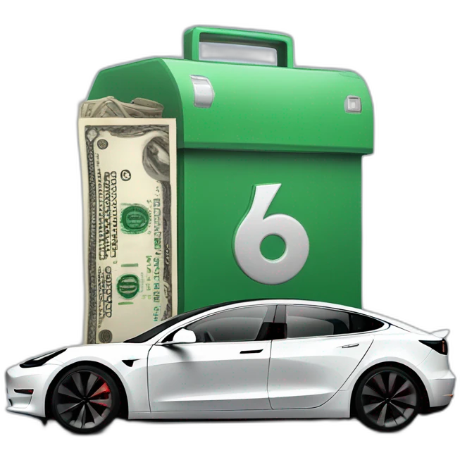 A Tesla Model 3, with a cash box in front emoji
