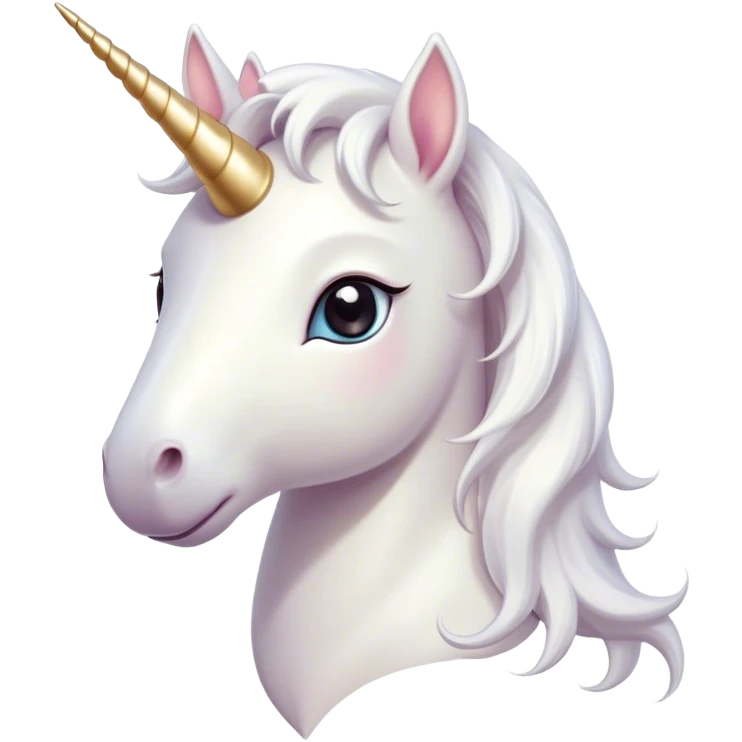 Cinematic Cute White Unicorn Portrait Emoji, Head tilted playfully and inquisitively, featuring a charming, petite form with a silky white color, a delicately flowing mane and tail, and a tiny, sparkling horn, with large, dreamy eyes full of wonder, Simplified yet irresistibly adorable features, highly detailed, glowing with a warm, enchanting glow, high shine, affectionate and lively, stylized with a touch of fairy-tale whimsy, soft glowing outline, capturing the essence of a mischievous yet endearing white unicorn that seems as if it could gallop out of the screen into your heart! emoji