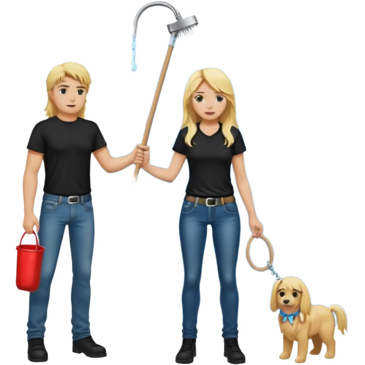 Bdsm male dominant wearing jeans black T-shirt and holding a flogger watching from outside blonde long hair sub with a collar showering with suds all over her emoji