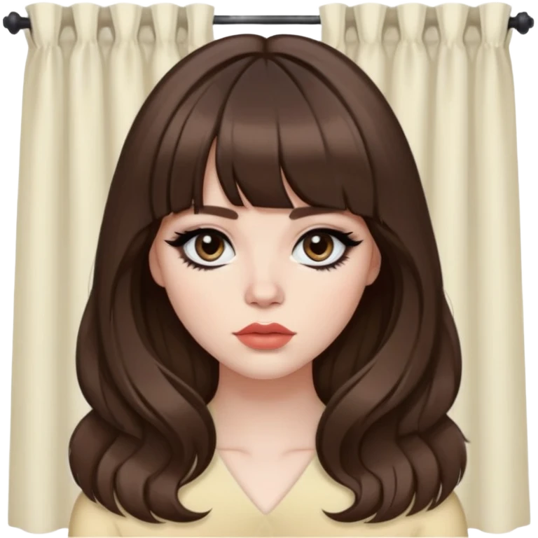 pretty baddie, brown hair, curtain bangs, cute lips, pale skin, long hair, dark brown eyes, bold black eyeliner emoji