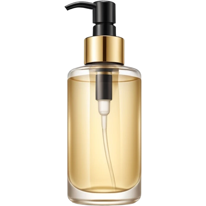 elegant semi-transparent pump bottle filled with pale golden to clear liquid, slightly glossy and lightweight, cylindrical bottle with curved pump top and clean lines, skincare product style, no label, no extras, soft lighting, subtle shadows, emoji scale emoji