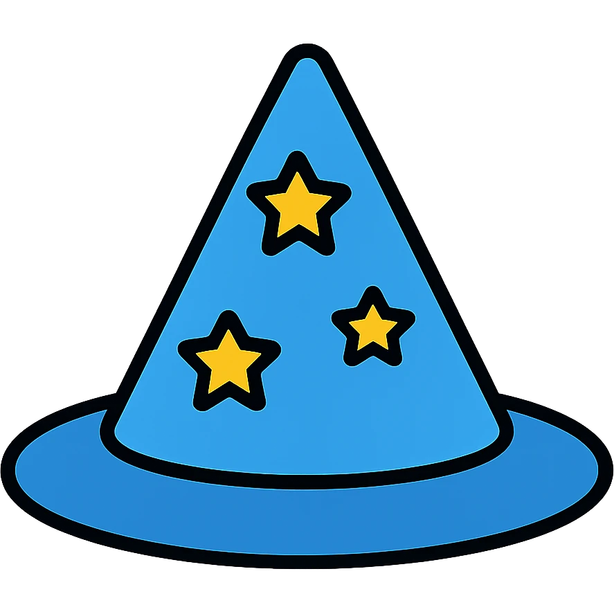 Blue wizard hat with stars, magical conical hat with wide brim emoji
