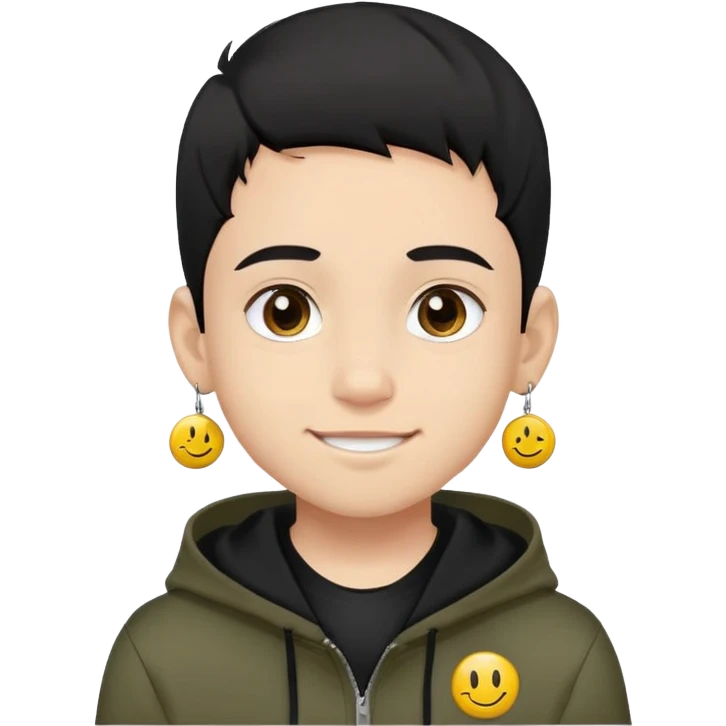 boy with military cut black hair, brown eyes, wearing 2 circle earrings and a black hoodie with a smiley face emoji