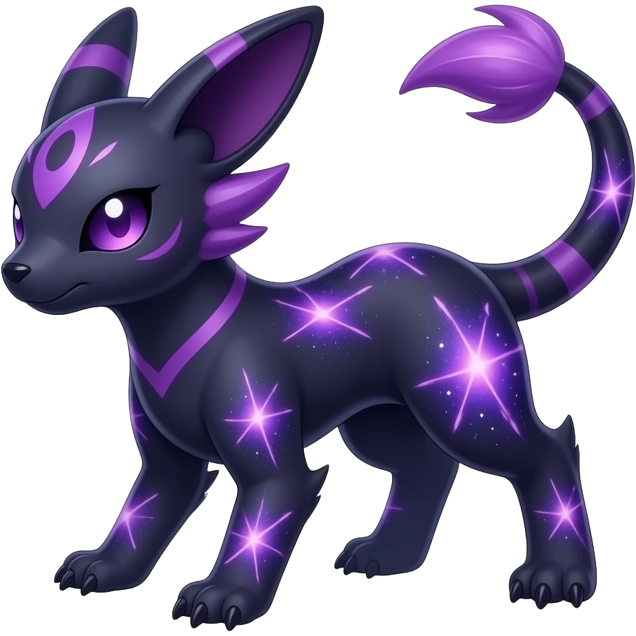 Rare realistic purple indigo violet nebulae shiny sparkly dark-neon glowing bioluminescent edgy badass epic pretty beautiful handsome gorgeous aesthetic colorful vibrant Vernid-Trico-Vaporeon-Espeon-species-Fakemon-creature by LiLaiRa, 4 legs, 1 tail, random markings, (full body) emoji
