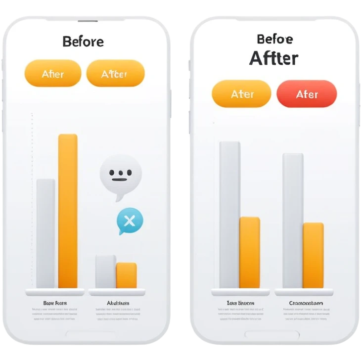 Modern presentation slide with before and after comparison emoji