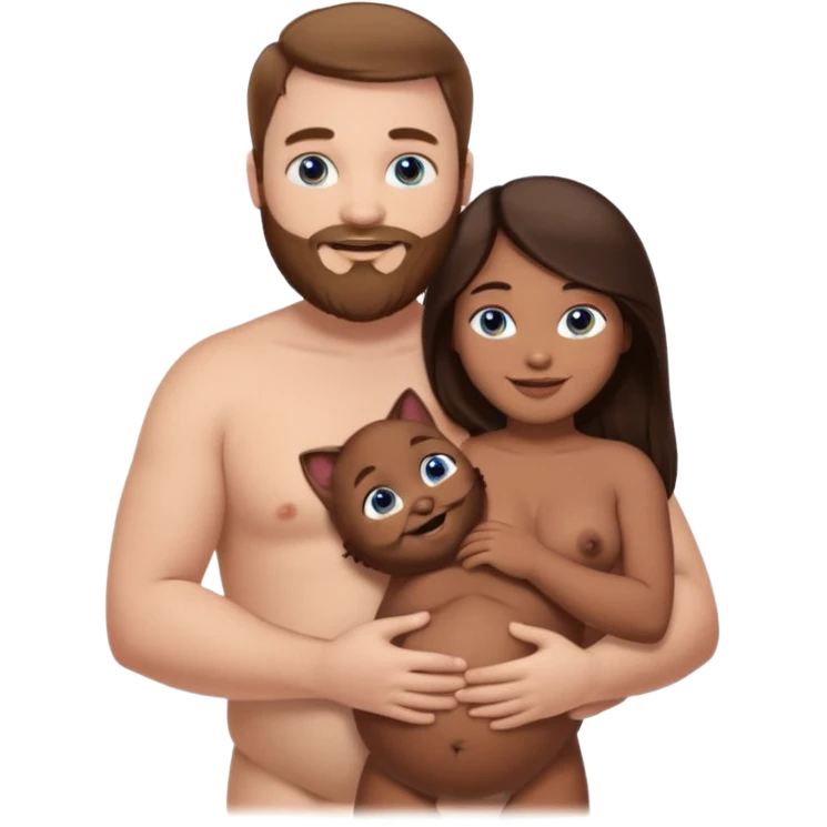 chubby white guy with brown hair and beard and blue eyes, holding a brown girl with long dark hair and dark brown eyes in arms, naked, showing tits and pussy emoji