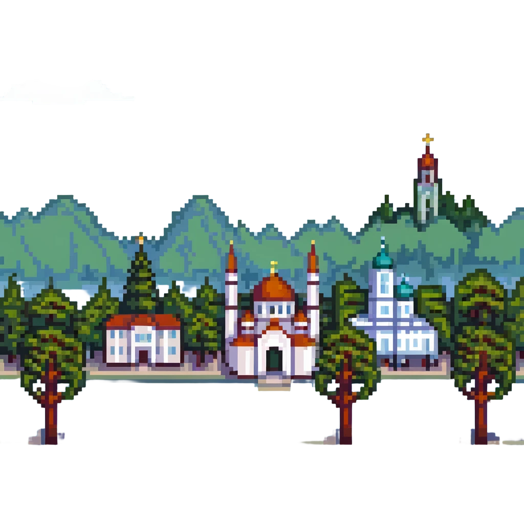 cityscape of Nalchik with iconic buildings and trees in pixel art style emoji