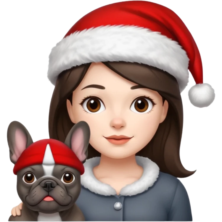 brunette woman with a dark grey French bulldog both wearing Santa emoji