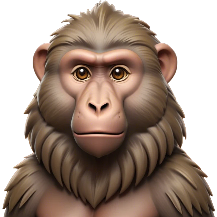 Cinematic Noble Baboon Portrait Emoji, Poised and regal, with a robust, muscular build and a richly textured Fur of earthy browns, deep-set soulful eyes with a mischievous glint, Simplified yet sharp and sophisticated features, highly detailed, glowing with a warm, dignified glow, high shine, intelligent and bold, stylized with an air of untamed urban majesty, focused and attentive, soft glowing outline, capturing the essence of a watchful and confident primate, so majestic it feels as though it could stride out of the screen with effortless authority! emoji