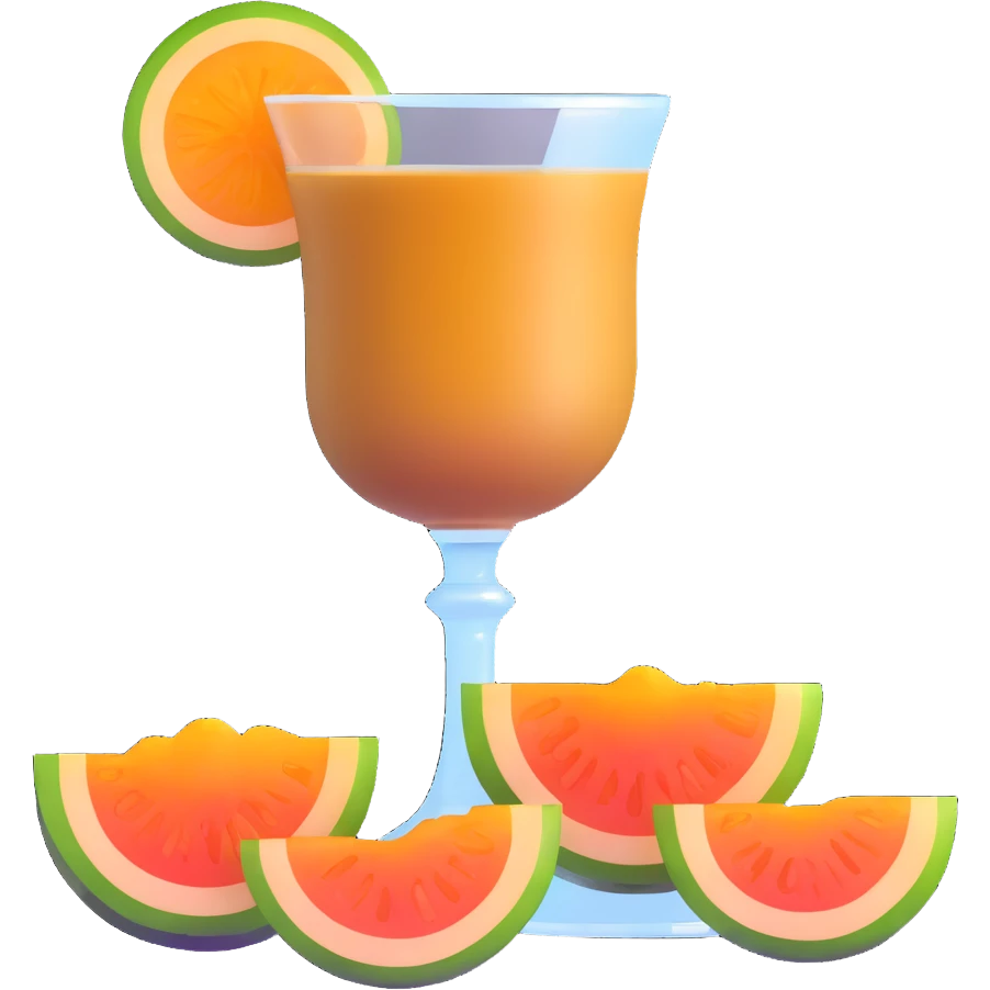 traditional layered carajillo in small clear glass showing golden liquor at bottom and coffee on top, with cantaloupe melon slice beside it emoji