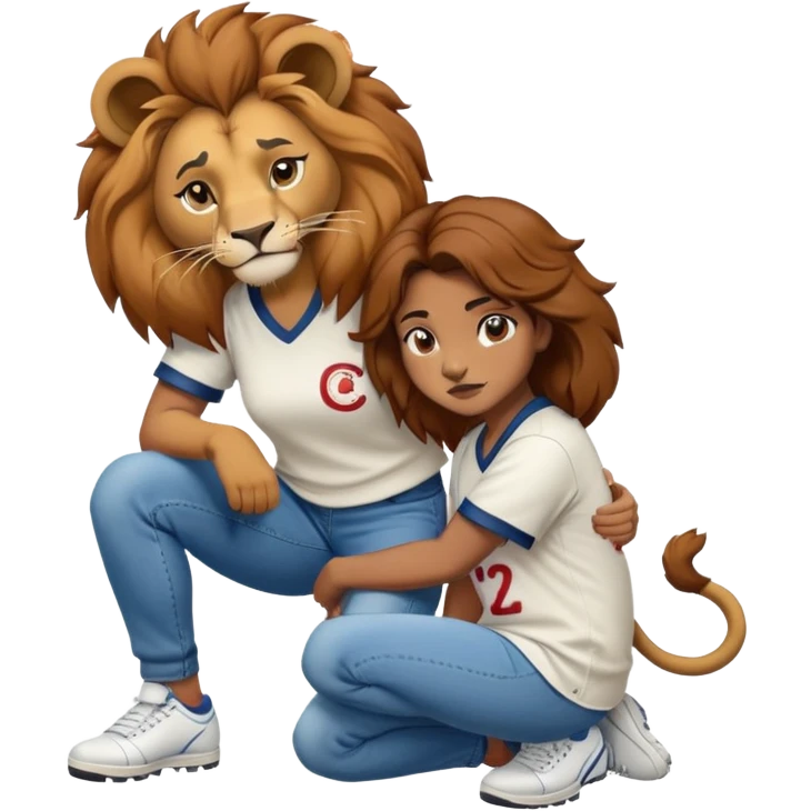 confident anthropomorphised female lion wearing a baseball shirt, jeans, and trainers, crouched on her hunches, comforting another character emoji