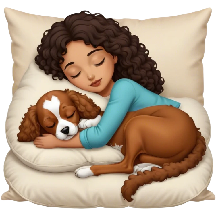 Curly dark hair medium length mixed girl sleeping on pillow with cavalier dog emoji