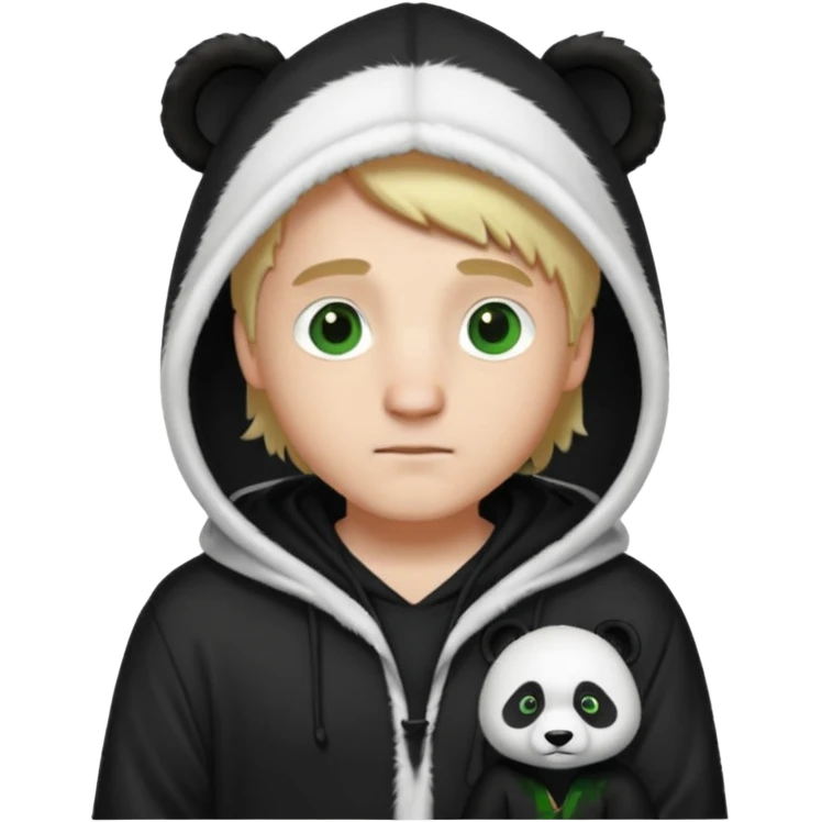 A white man with green eyes, medium-length blond hair, wearing a panda hoodie and black pajama-like robes. emoji