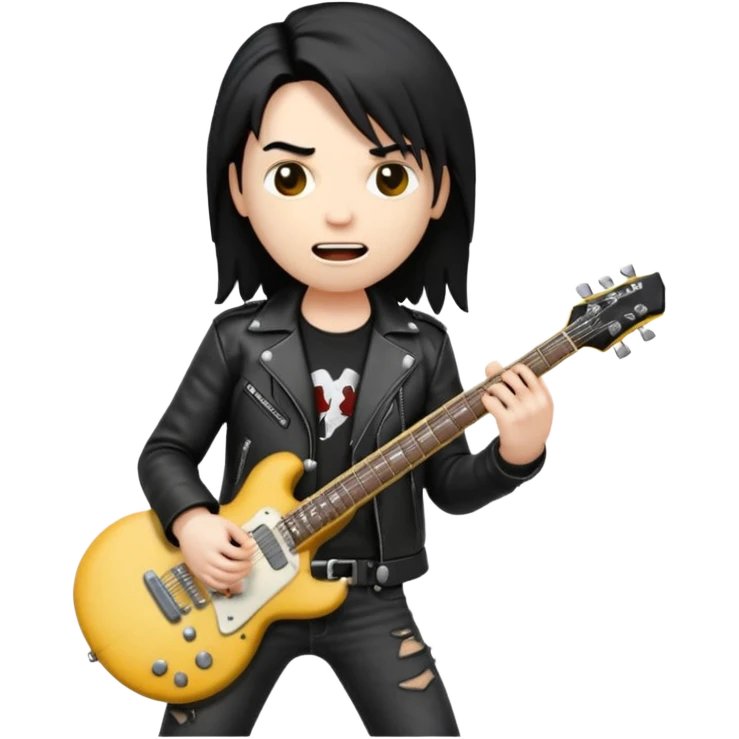 3D Apple-style emoji of a metal musician holding an electric guitar with a bold "ROCK" sign above. Long hair, black leather jacket, ripped jeans, intense expression. Rounded, glossy, smooth, soft shadows, white background.











 emoji
