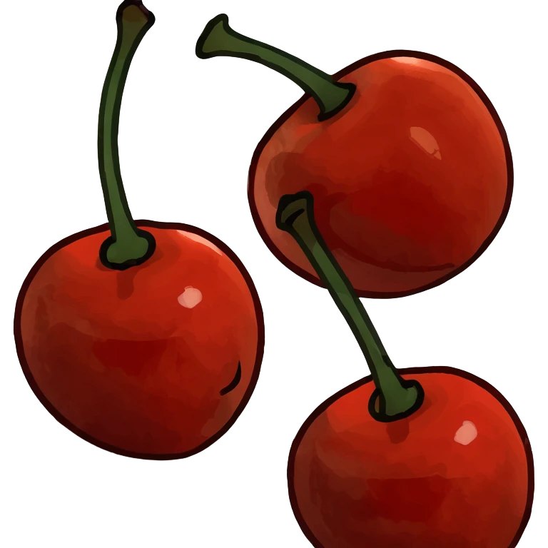 3D style two shiny red cherries hanging from a wooden branch with small green leaves emoji