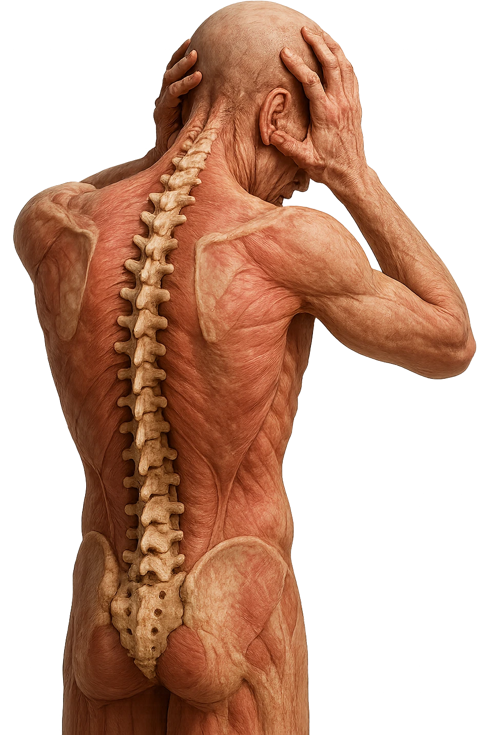 CORPO UMANO ANATOMICO con spina dorsale in evidenza, molto stanca e stressata mentre si tiene le mani sulla testa, IPERREALISTICO 4K emoji