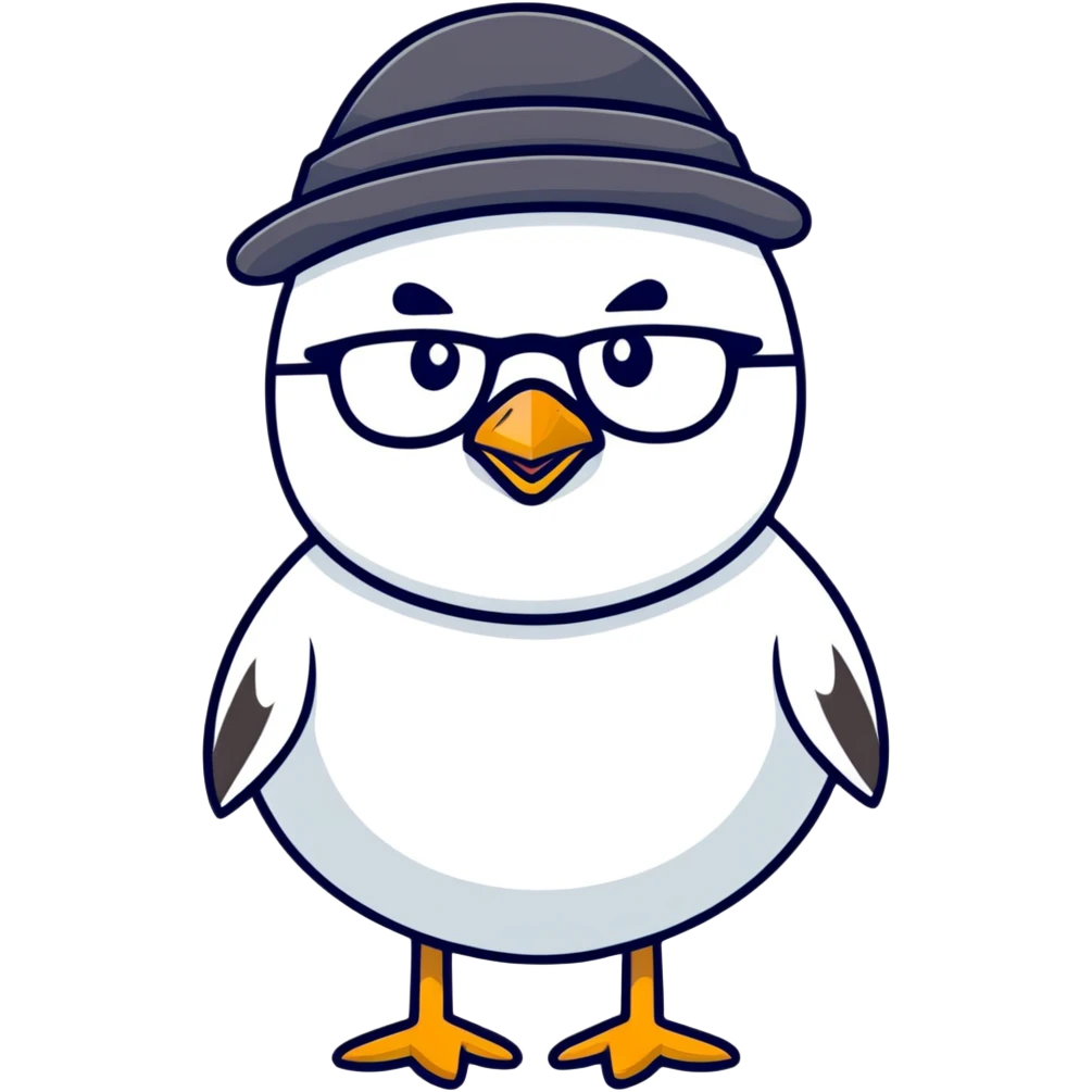 Fluffy seagull with glasses and a hat emoji