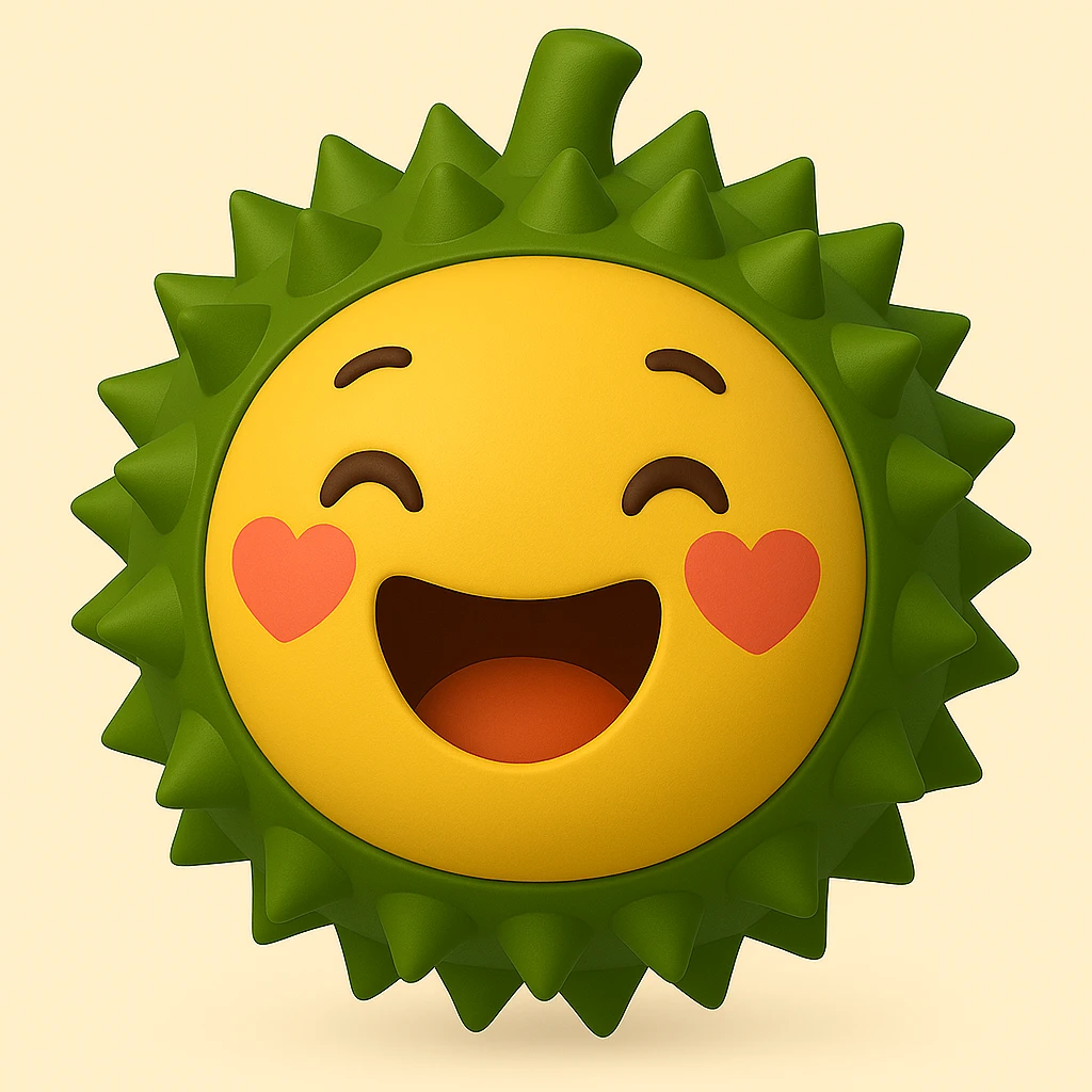 Create a 3D emoji style durian character with the colors, outer contour, and spikes matching the reference image. The expression should be a big open-mouth smile with heart-shaped blush marks on the cheeks, rendered in a 3D emoji look. emoji