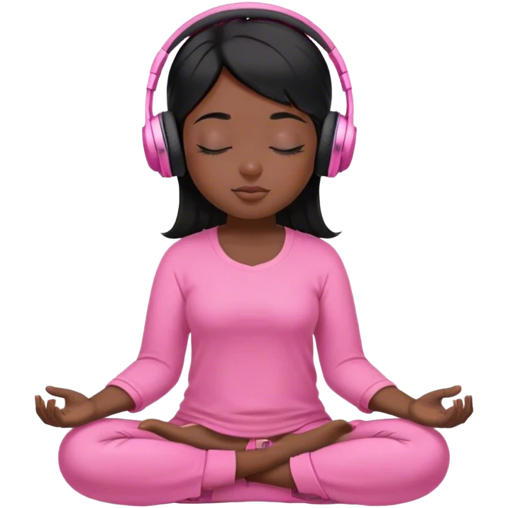 Chica de pelo negros con los ojos cerrados escuchando musica en audifonos y con camisa rosa mientras medita emoji