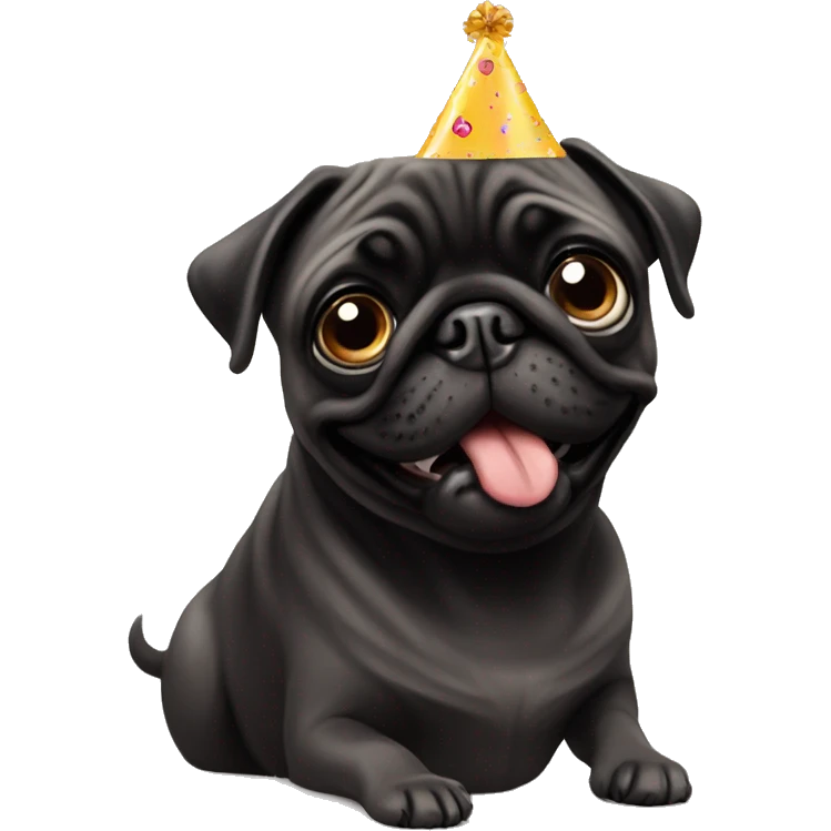 pug and black pug wearing birthday hat emoji