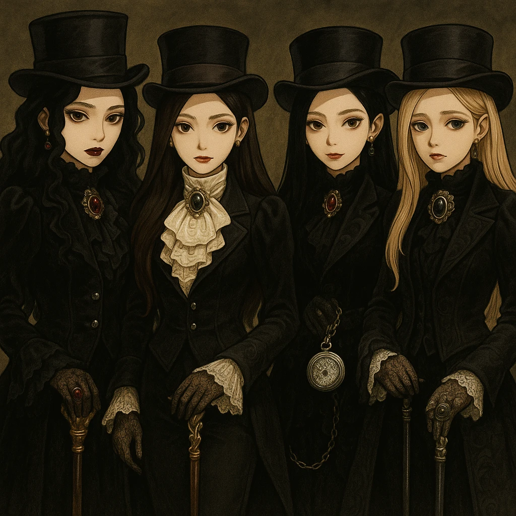 Add aristocrat goth accessories such as ornate canes, lace gloves, jeweled brooches, top hats, and silver pocket watches, keeping the regal and dark theme, in a detailed illustration style. emoji