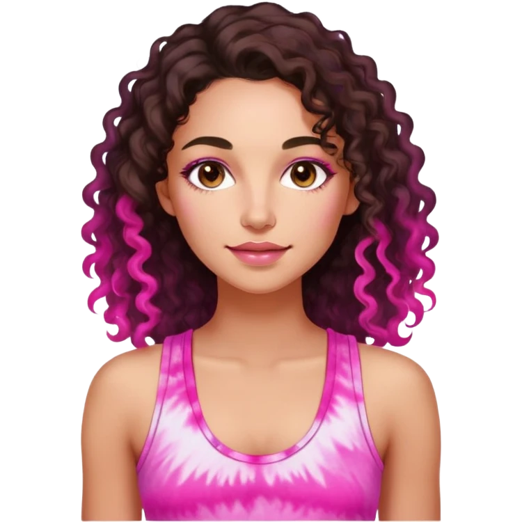 Woman in her 30s with luminous skin, long defined dark brown curls, large brown eyes, full lips with natural pink color, wearing bright pink tie-dye tank top, nurturing warm expression emoji