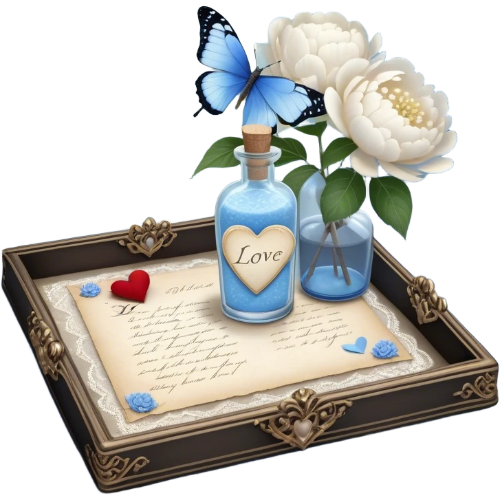 On a lace-trimmed tray rests an ornate glass bottle filled with a soft blue love potion, next to an aged love letter sealed with a wax heart. A delicate pearl butterfly gently perches on the edge of the envelope, while petals of white peonies and pale blue hydrangeas are scattered around. emoji