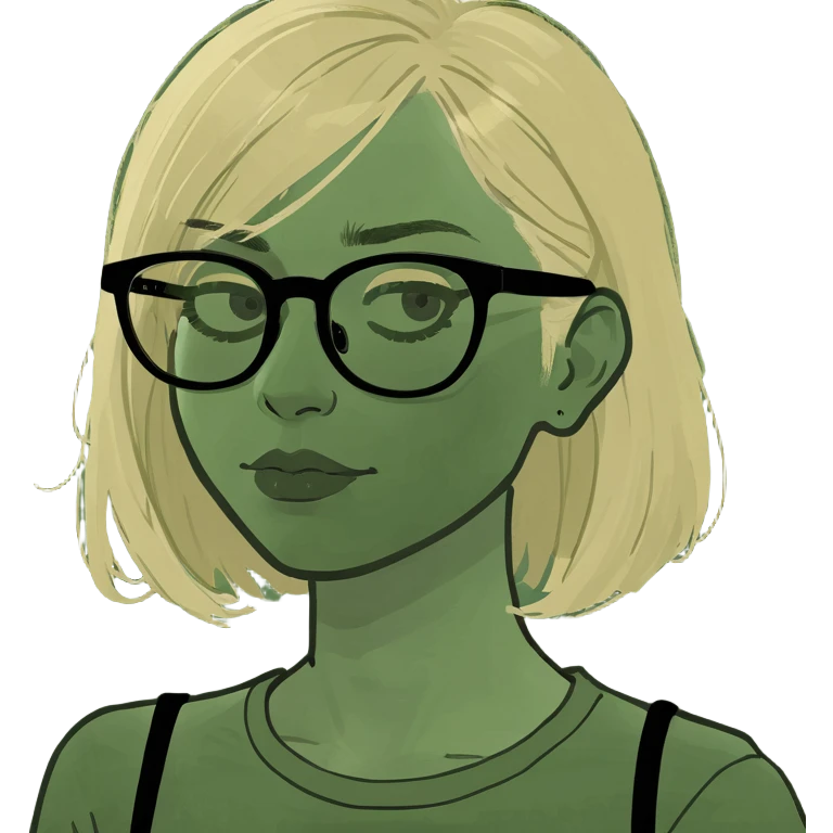 Girl with blonde hair and black glasses and pale face emoji