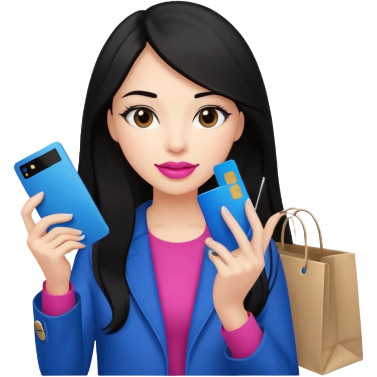 Girl with long black hair, pink lipstick, brown eyes on the phone holding shopping bags and blue credit card emoji