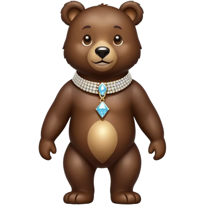 Dark brown bear walking on four paws wearing a luxury diamond-studded collar, shiny gems, minimalist emoji style emoji