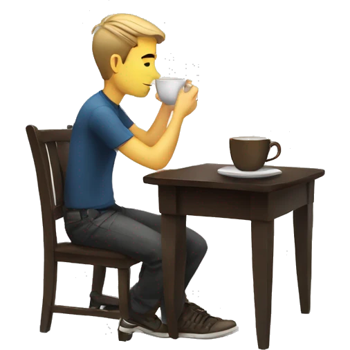 A white boy reading at a coffee table with a cup of coffee next to him emoji