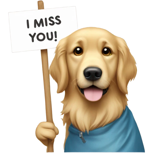 Golden retriever holding a sign that says I miss you ryder  emoji