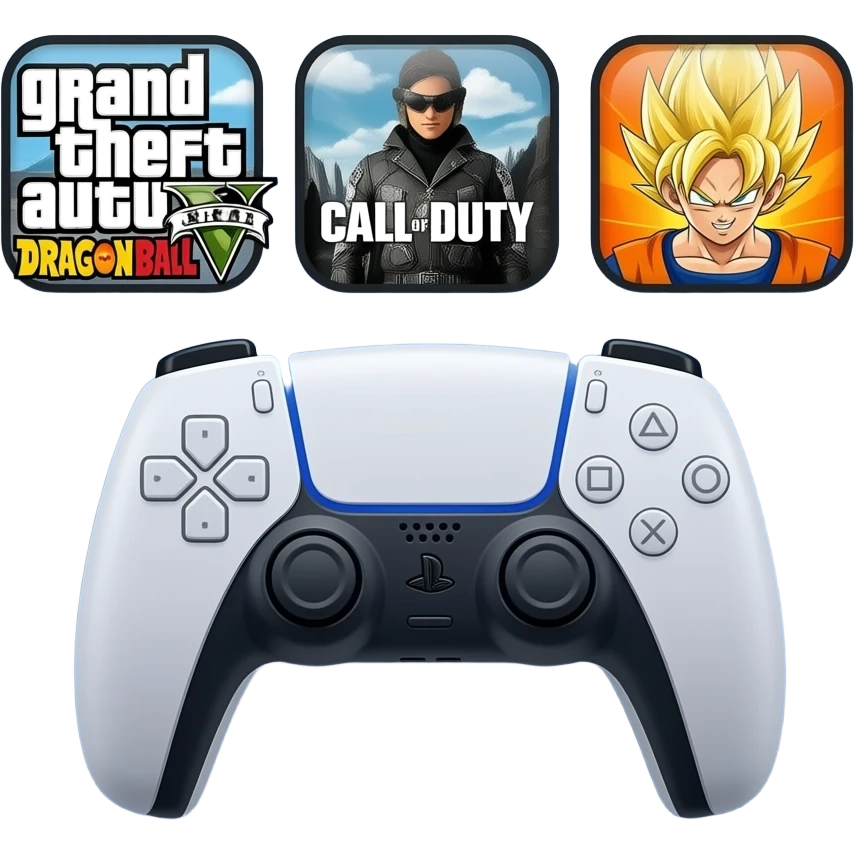 icone avec a l interieur des icone de jeu grand theft auto 5  call off duty et dragon ball z et ubien ecritne mannette ps5 devant emoji