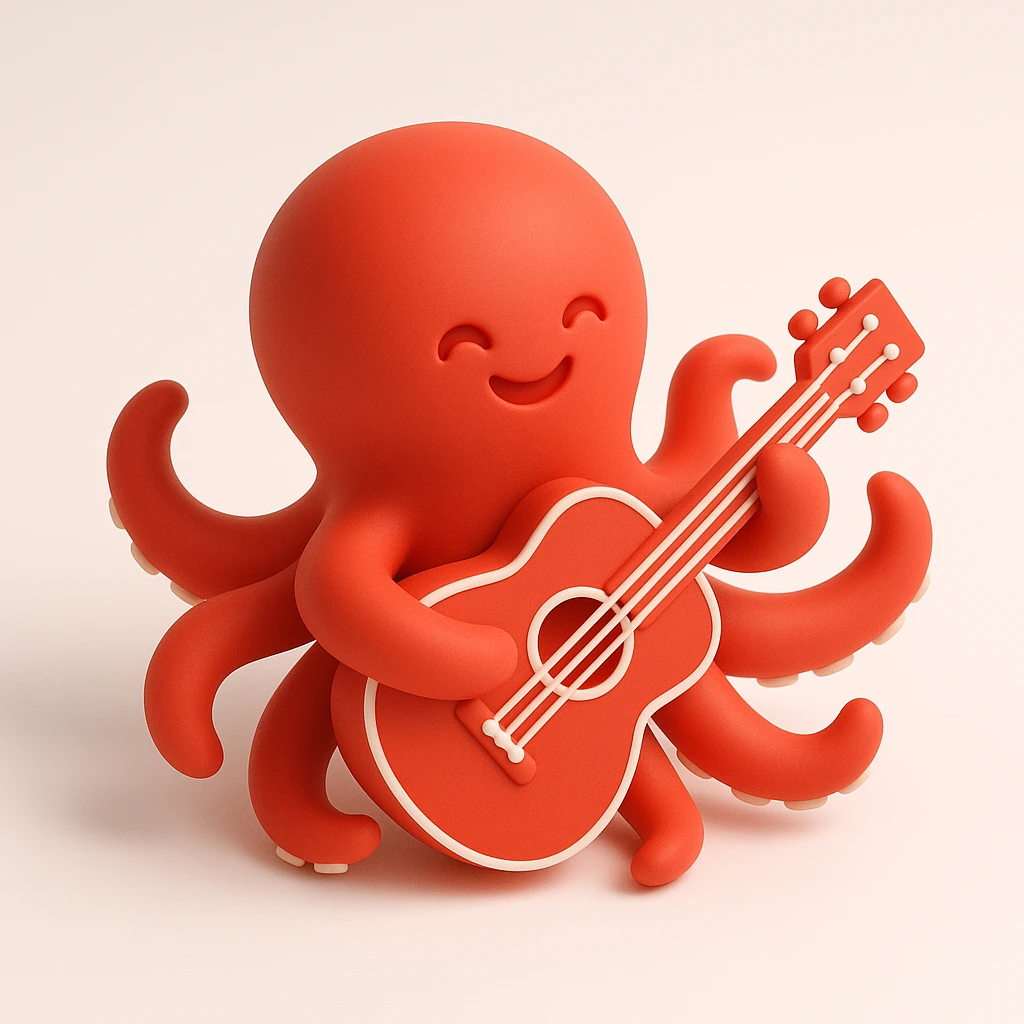happy octopus with multiple arms playing guitar emoji