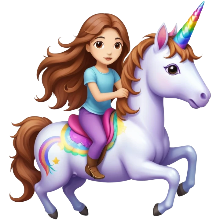 young light-skinned girl with long brown hair on a colorful unicorn emoji