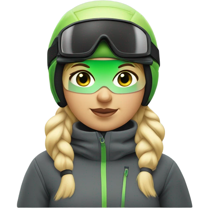 Green-eyed, fat female skier with medium-length straight blonde hair no curls, snow goggles on top of helmet, white ski helmet, gray snow jacket, green ski gloves, long black pants rolled up at the bottom, black only snow boots standing tall. emoji