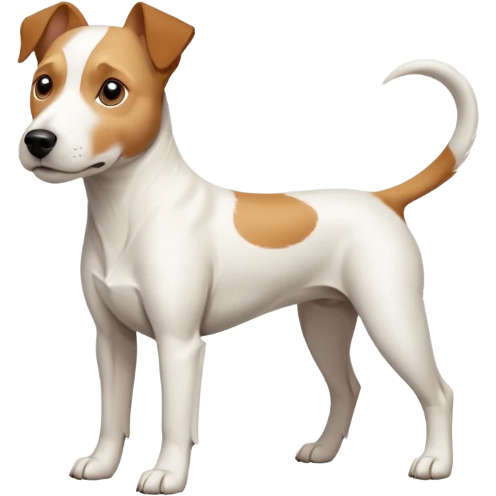 a full body facing front on of a buff white parson russell terrier looking dog the size of a kelpie with light brown long ears resting on its face and a light brown patch on one eye and a large snout. the rest of the dog is completely white.  emoji